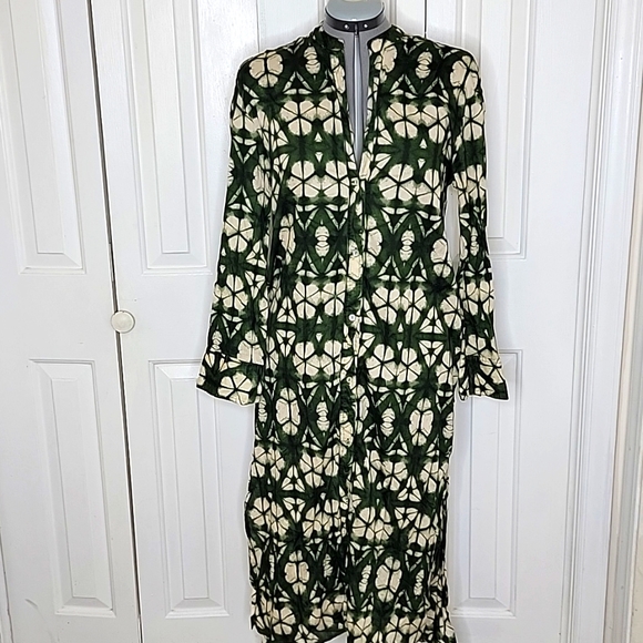 Zara Dresses & Skirts - Zara Print Tunic Dress Button Front Size Medium Green and Cream